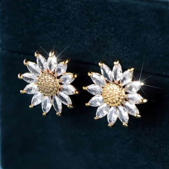 Sunflower Diamond Gold Toned Stud Earrings - Picture 2 of 2